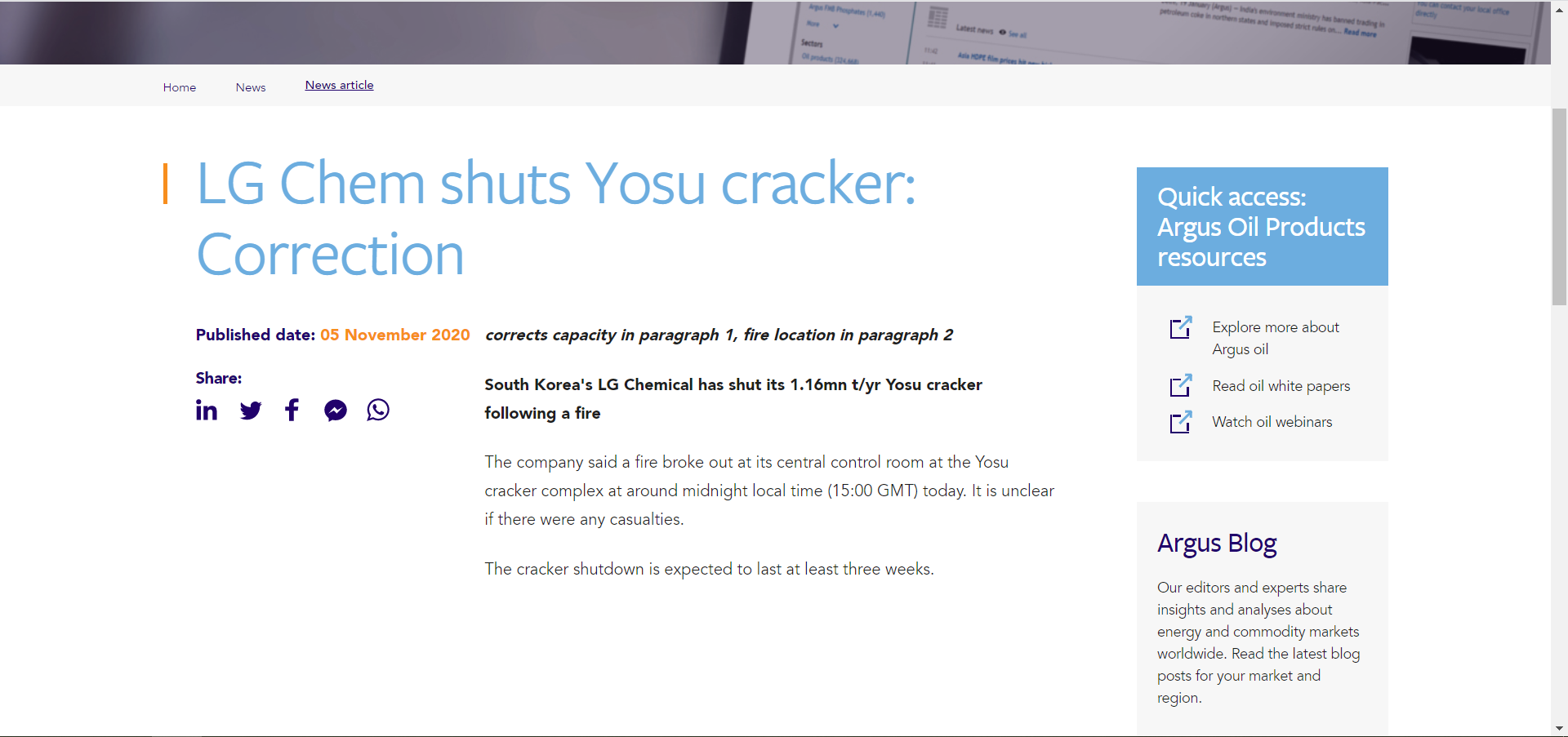 突发！LG化学发生火灾，影响BPA/PC/ER市场行情