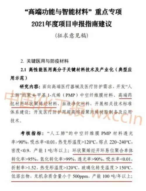 环状聚烯烃列入国家关键医用与防疫材料重点研发计划