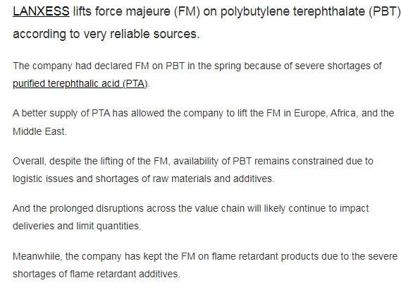  朗盛解除了PBT的不可抗力