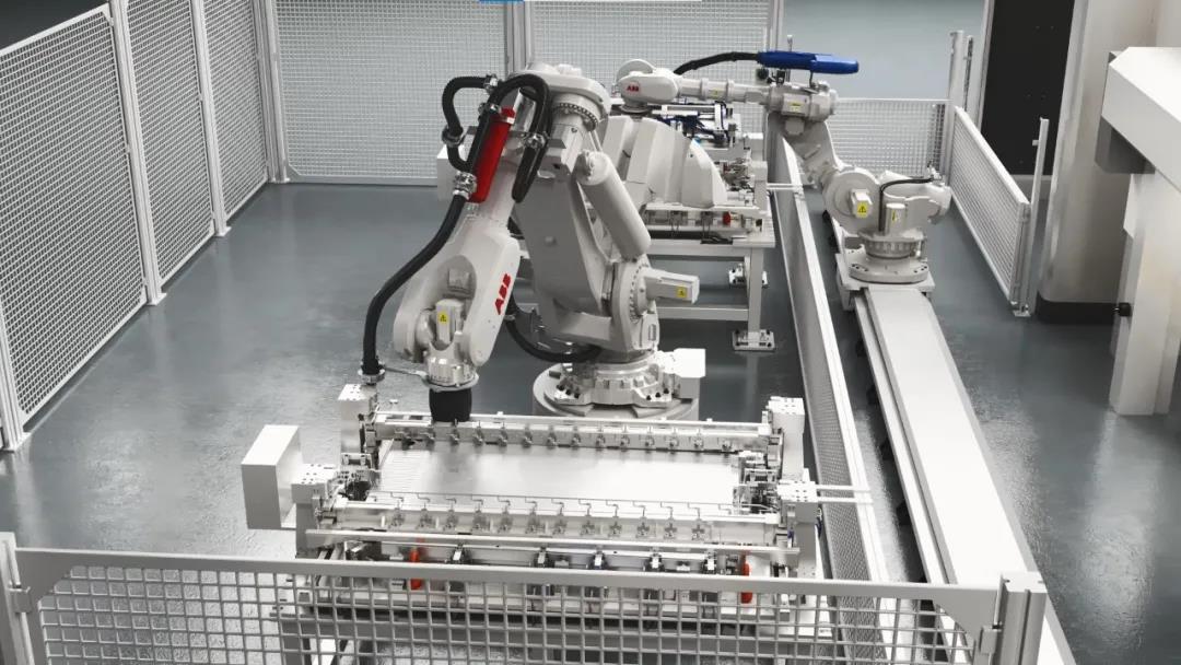 ABB机器人新能源汽车电池盒托盘生产线长啥样？