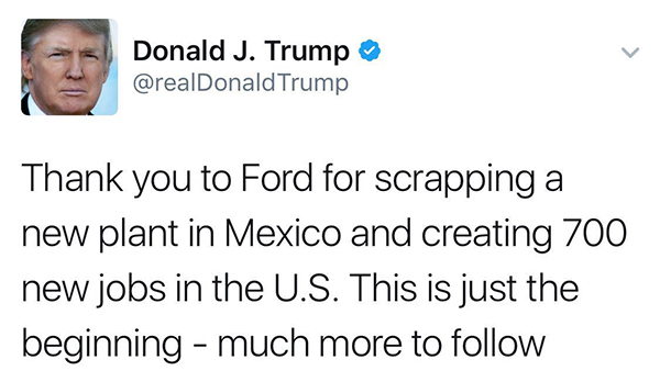据路透社报道，1月3日早间，福特公司董事长比尔・福特致电特朗普称，福特汽车公司已取消16亿美元的墨西哥扩张计划，转而投资7亿美元扩大在美国密西根州的生产。据介绍，该笔投资将至少增加700个工作岗位，以生产电动汽车和自动驾驶汽车。